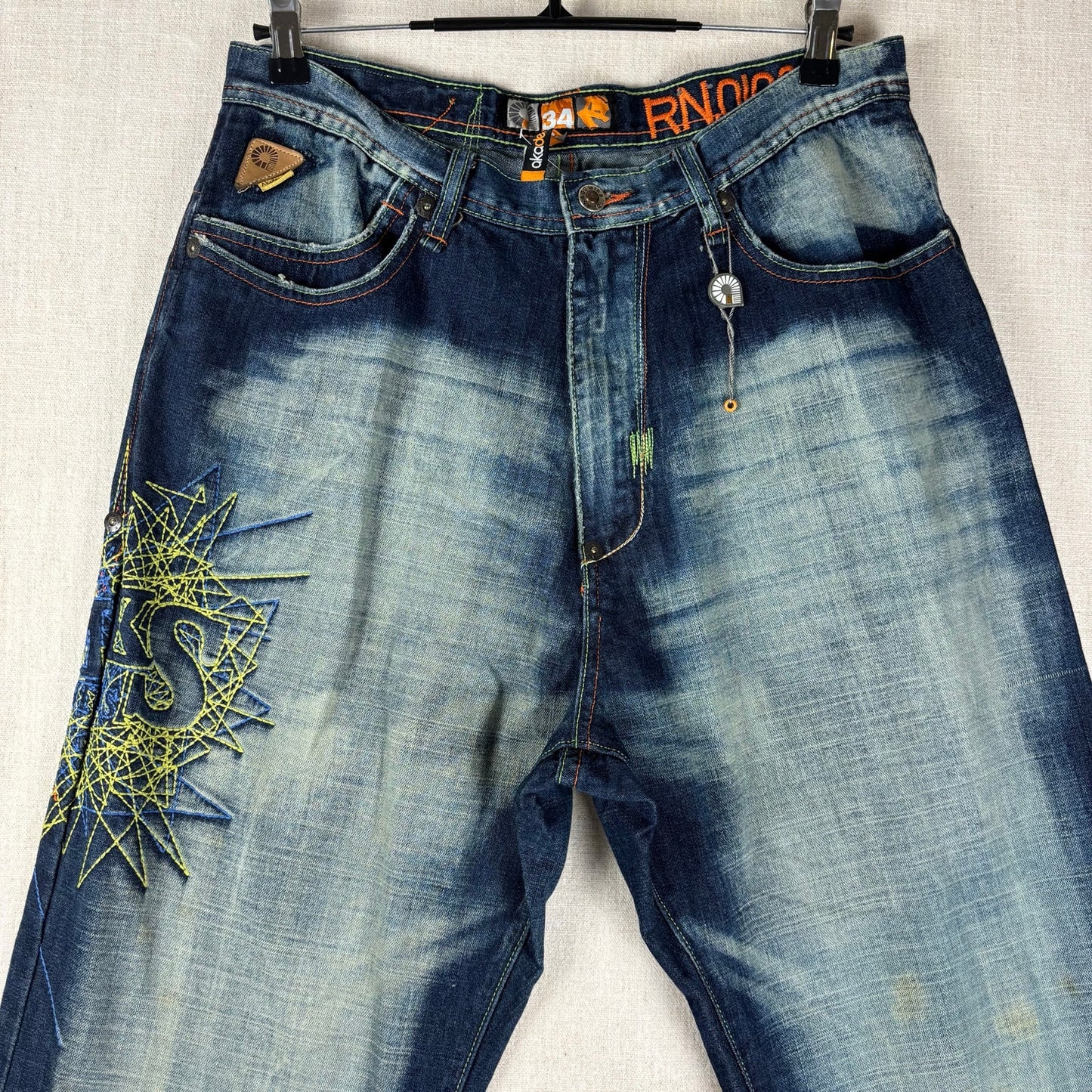 Y2K Akademiks Crazy Embroidered Patchwork Sz 34 Two Tone Baggy Jeans