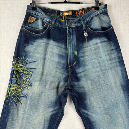 Y2K Akademiks Crazy Embroidered Patchwork Sz 34 Two Tone Baggy Jeans
