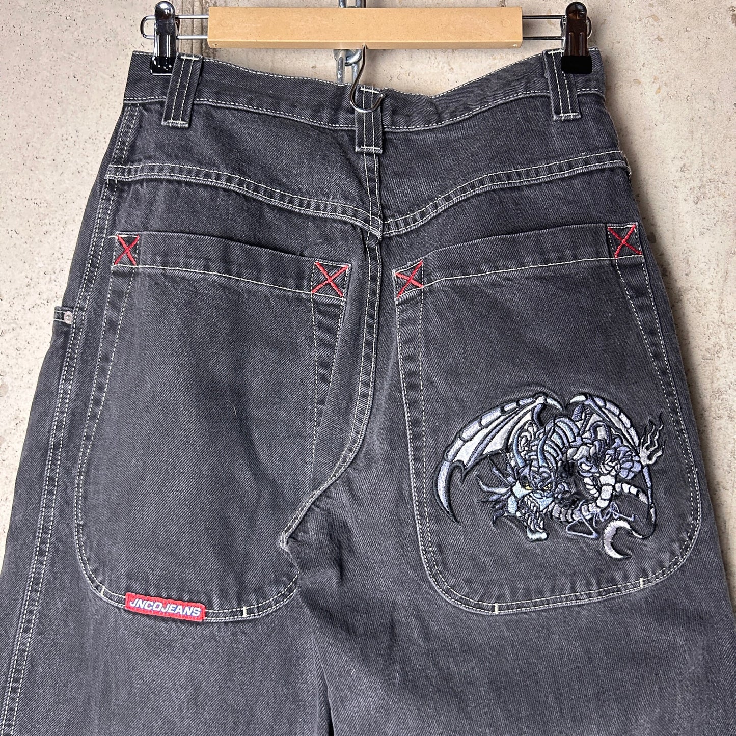 JNCO Jeans Y2K RARE Tribal Skeletal Dragon Embroidered 29" x 30" Skate Denim