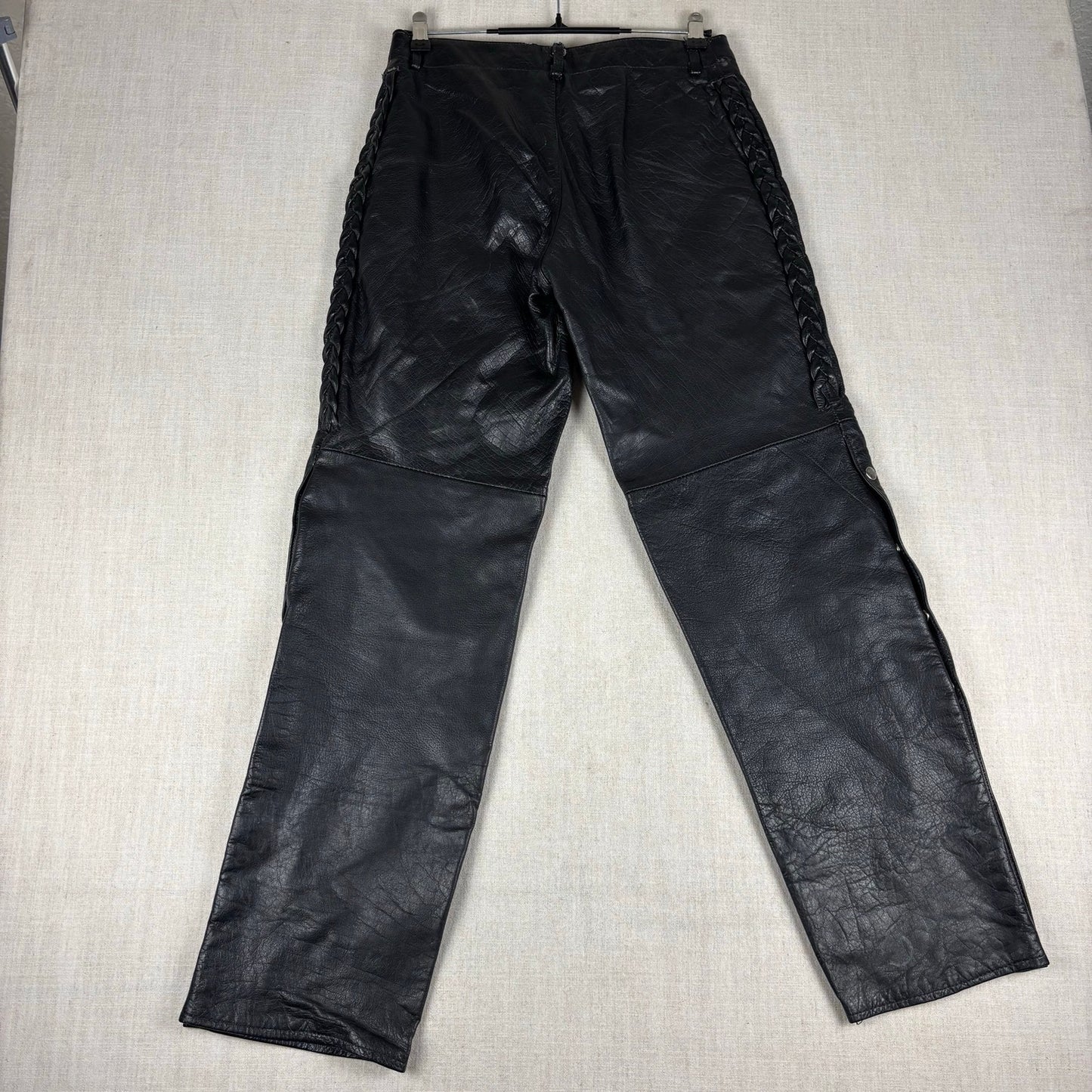 Trucker Leather Pants Vintage Braided Snap Button Detail Biker Sz 32