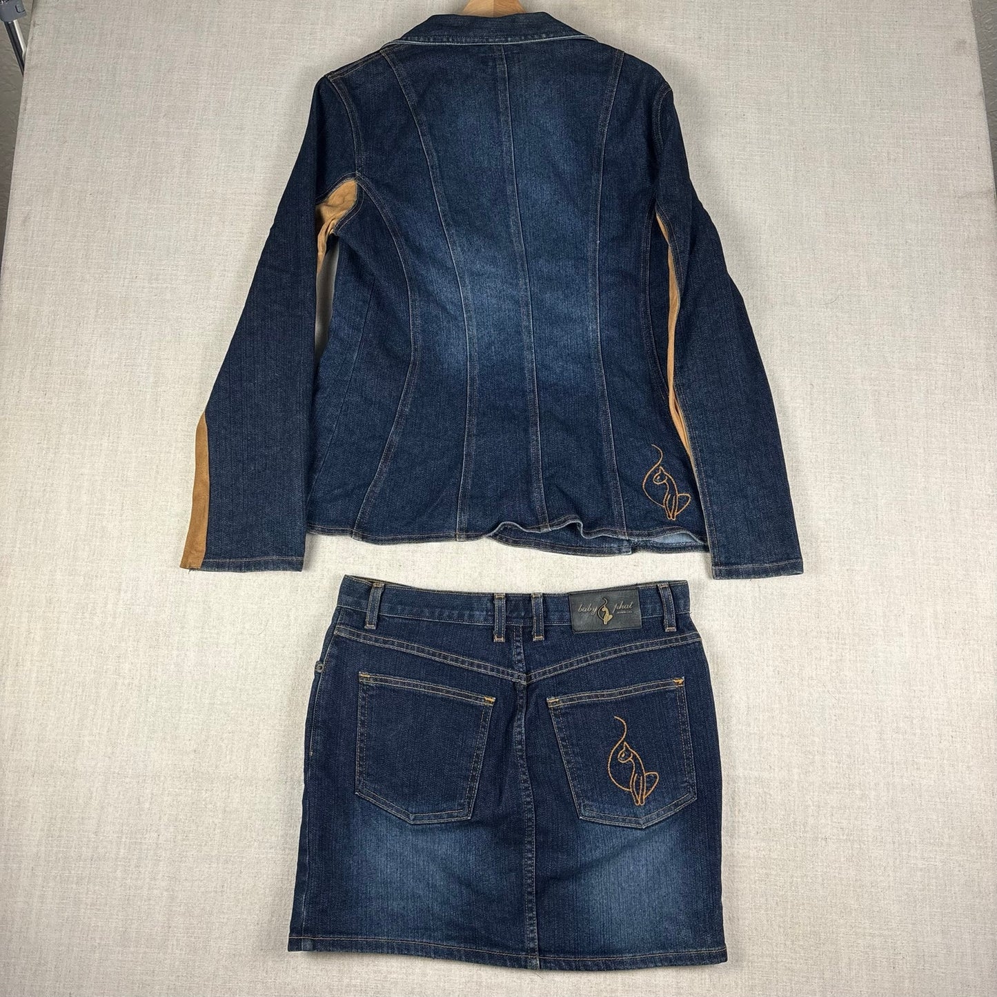 Baby Phat Y2K Denim Suede 2pc Skirt Jacket Matching Set Sz XL