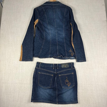 Baby Phat Y2K Denim Suede 2pc Skirt Jacket Matching Set Sz XL
