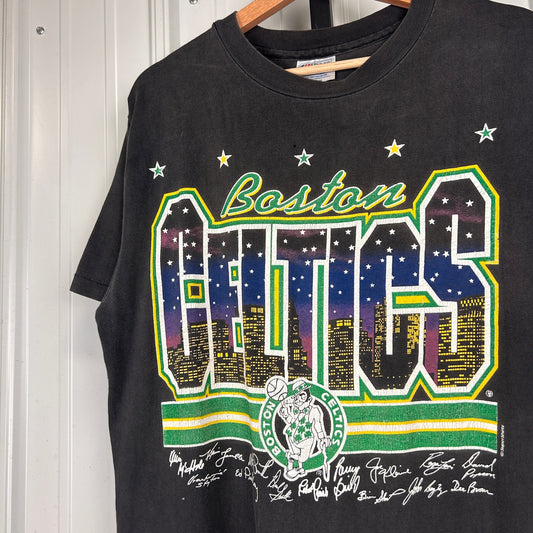 Boston Celtics Vintage Skyline Spellout Starry Night Team Signature Large Shirt
