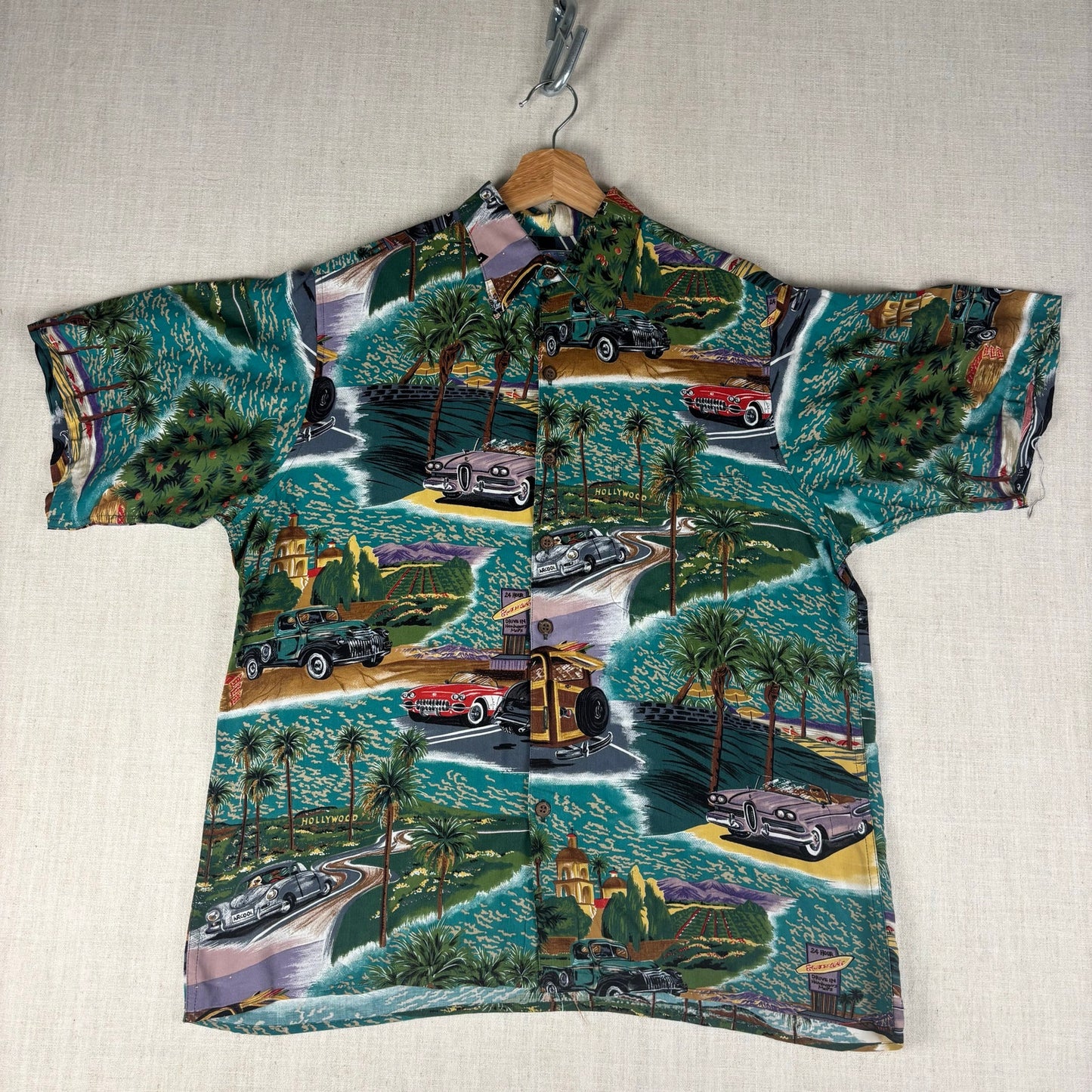 Vintage Reyn Spooner Rayon Antique Car Design Hawaiian Small Shirt