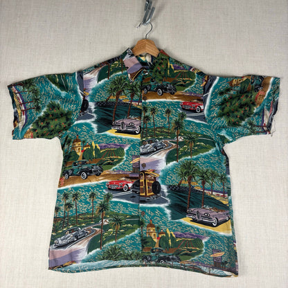 Vintage Reyn Spooner Rayon Antique Car Design Hawaiian Small Shirt