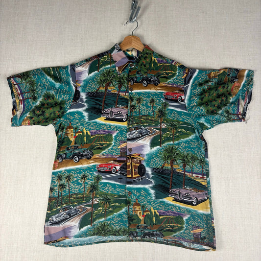 Vintage Reyn Spooner Rayon Antique Car Design Hawaiian Small Shirt