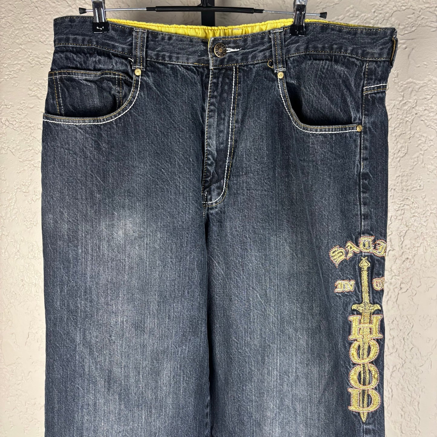 Ed Hardy Style Satin in the Hood Y2K Brand Baggy Embroidered Sz 40 Jeans