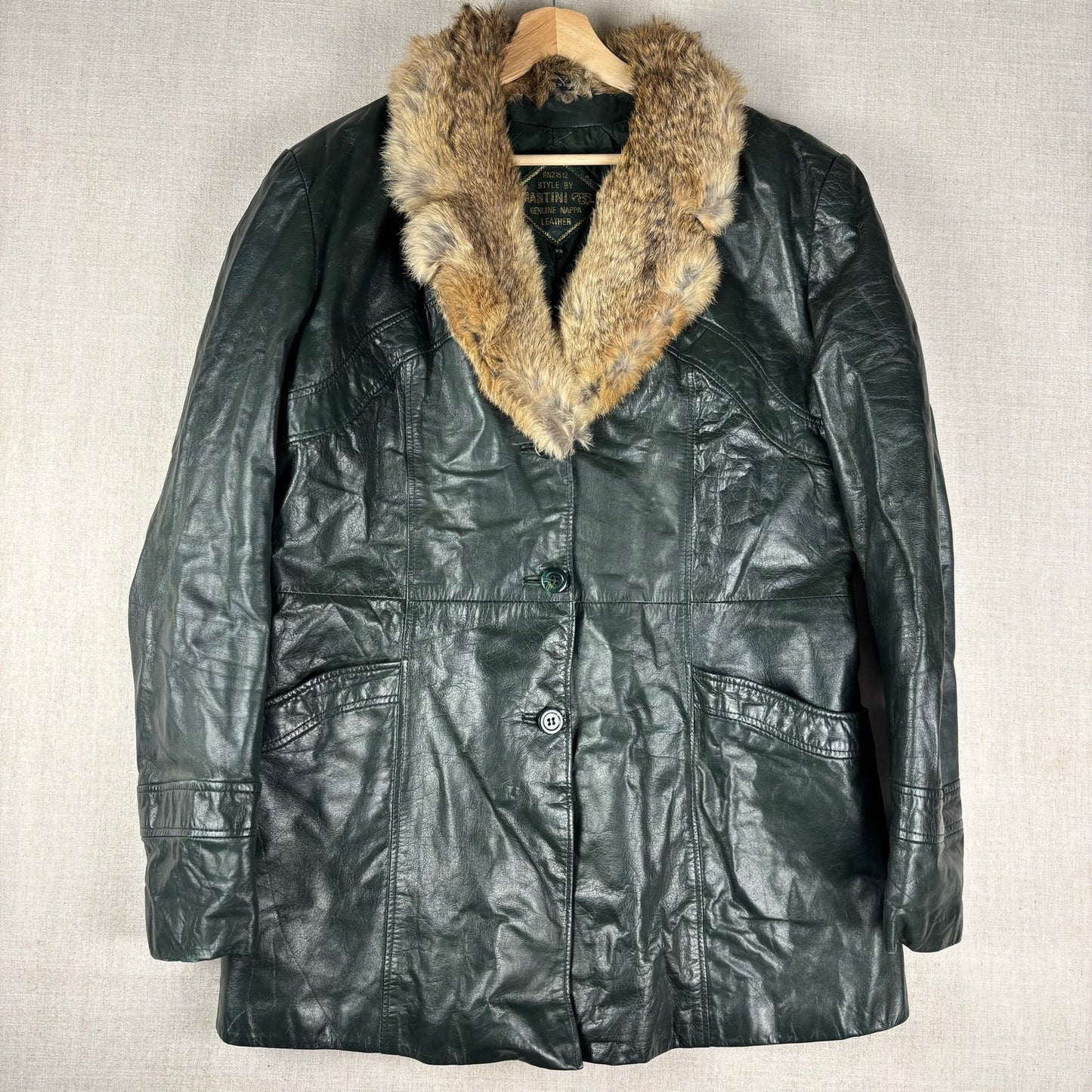 Vintage Martini Nappa Leather Fur Trim Dark Green Coat Sz 22