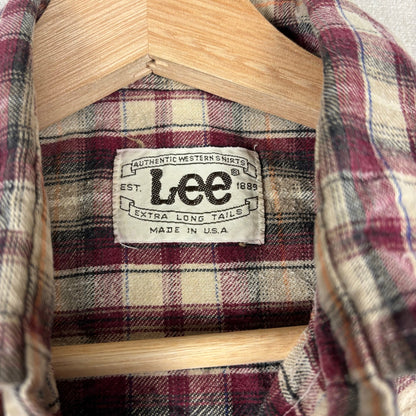Vintage Lee Western Pearl Snap 70s Extra Long Tail Medium Distressed Plaid Shirt