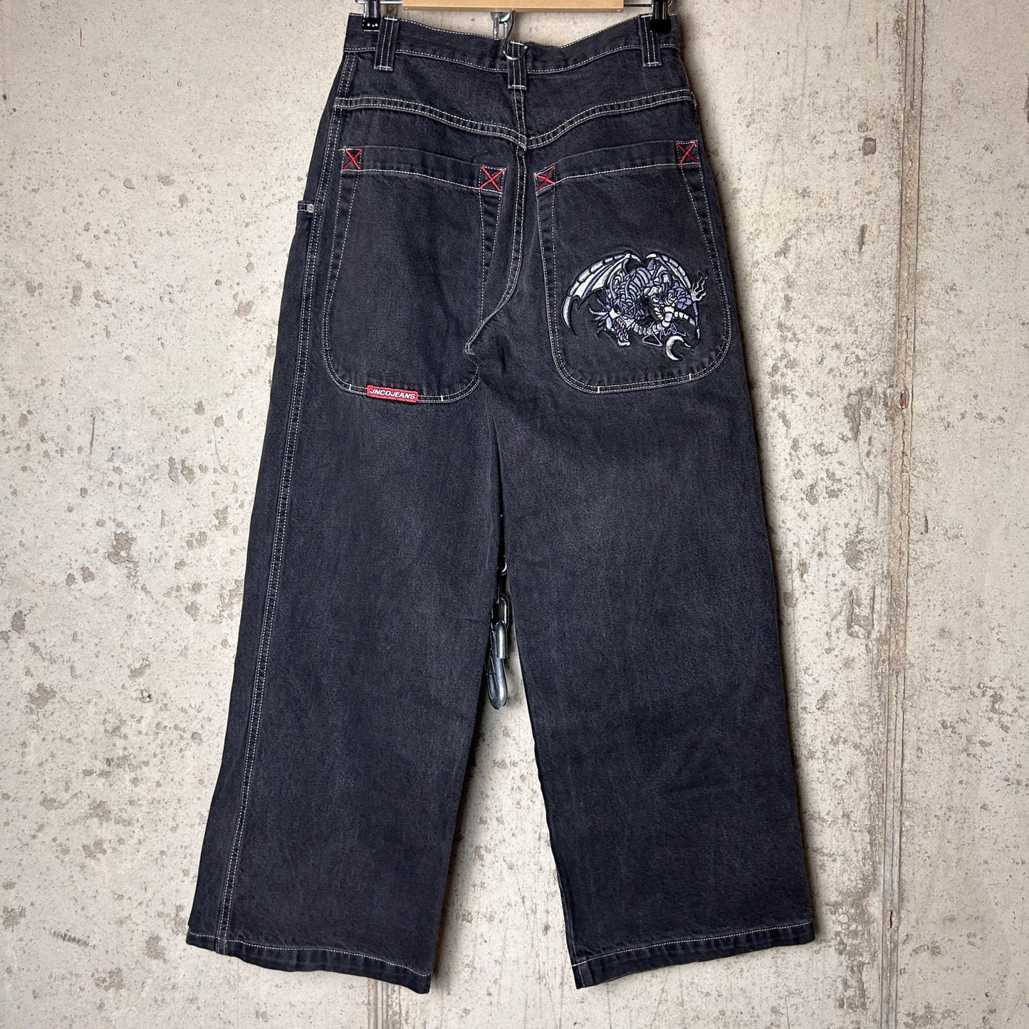 JNCO Jeans Y2K RARE Tribal Skeletal Dragon Embroidered 29" x 30" Skate Denim