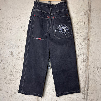 JNCO Jeans Y2K RARE Tribal Skeletal Dragon Embroidered 29" x 30" Skate Denim