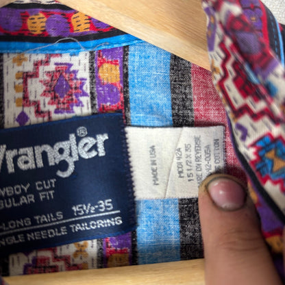 Vintage Wrangler Paisley Aztec Brushpopper Psychedelic Cowboy Cut Sz 15 1/2-35