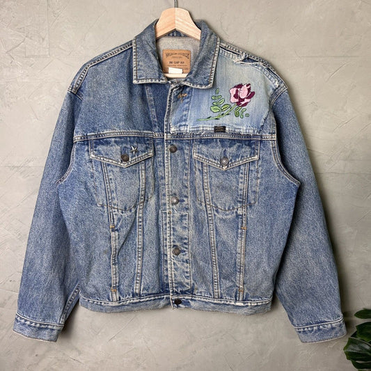 Vintage Gap Denim Trucker Jacket Distressed Embroidered Rose Medium