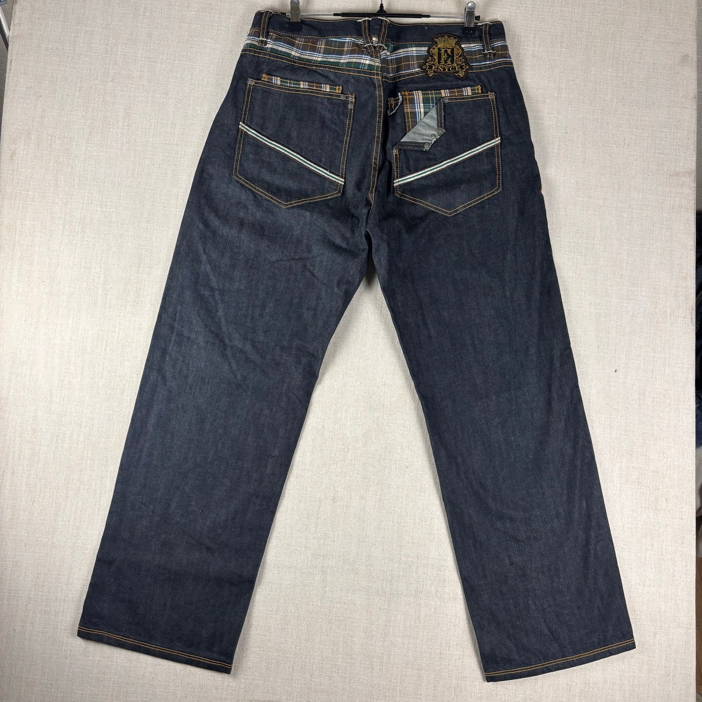 ENYCE Y2K Flannel Plaid Jeans NWT Dark Wash Sz 34 Skater Denim