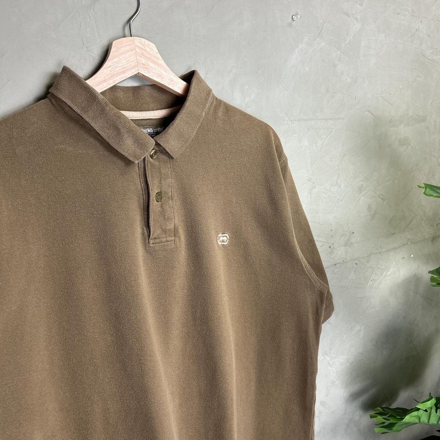 Ecko Unltd. Earth Tone Two Button Polo Rhino Logo Large Y2K Short Sleeve Shirt