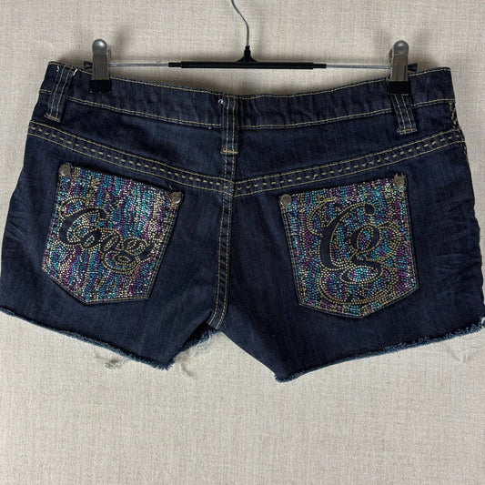 Coogi Rhinestone Y2K Studded Mini Jean Shorts Sz 11/12 Dark Wash