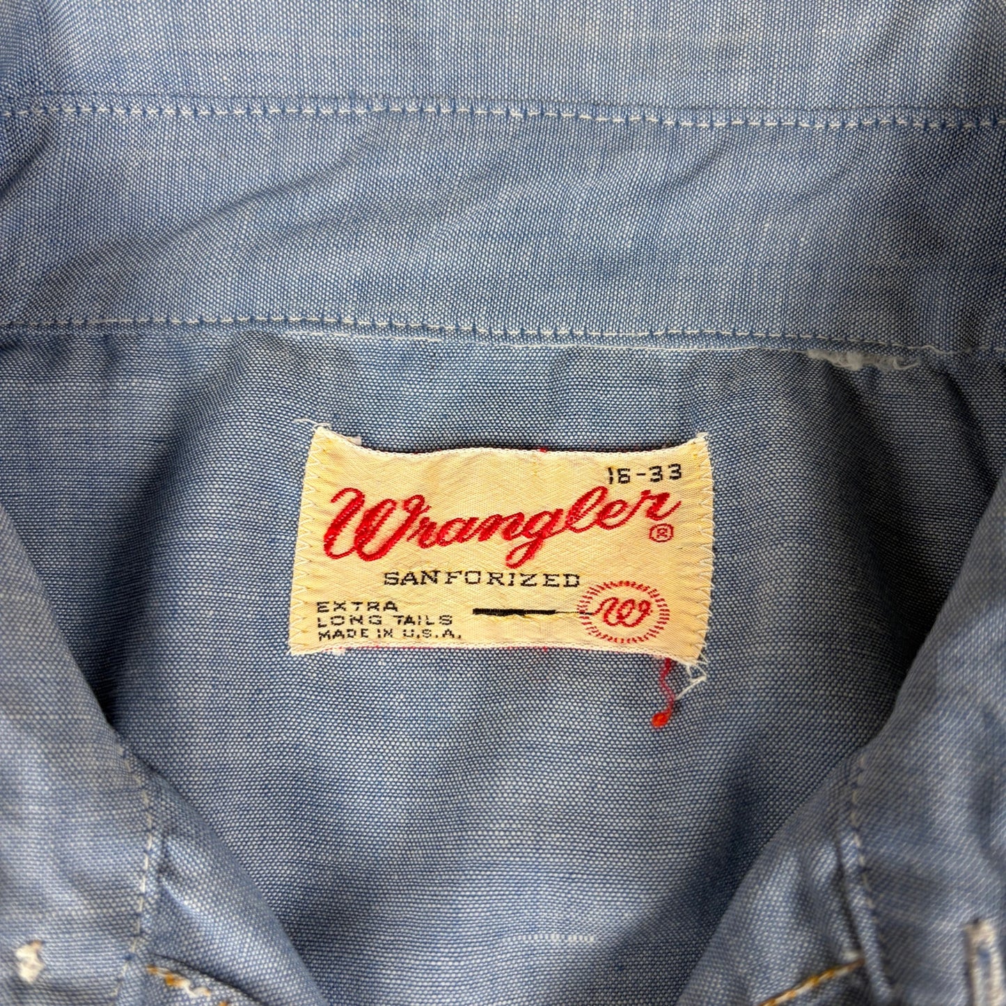 Vintage Wrangler Sanforized Pearl Snap XLong Tail Sz 15-33 Western Chambray