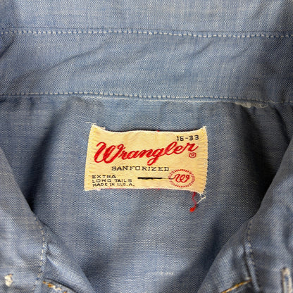 Vintage Wrangler Sanforized Pearl Snap XLong Tail Sz 15-33 Western Chambray