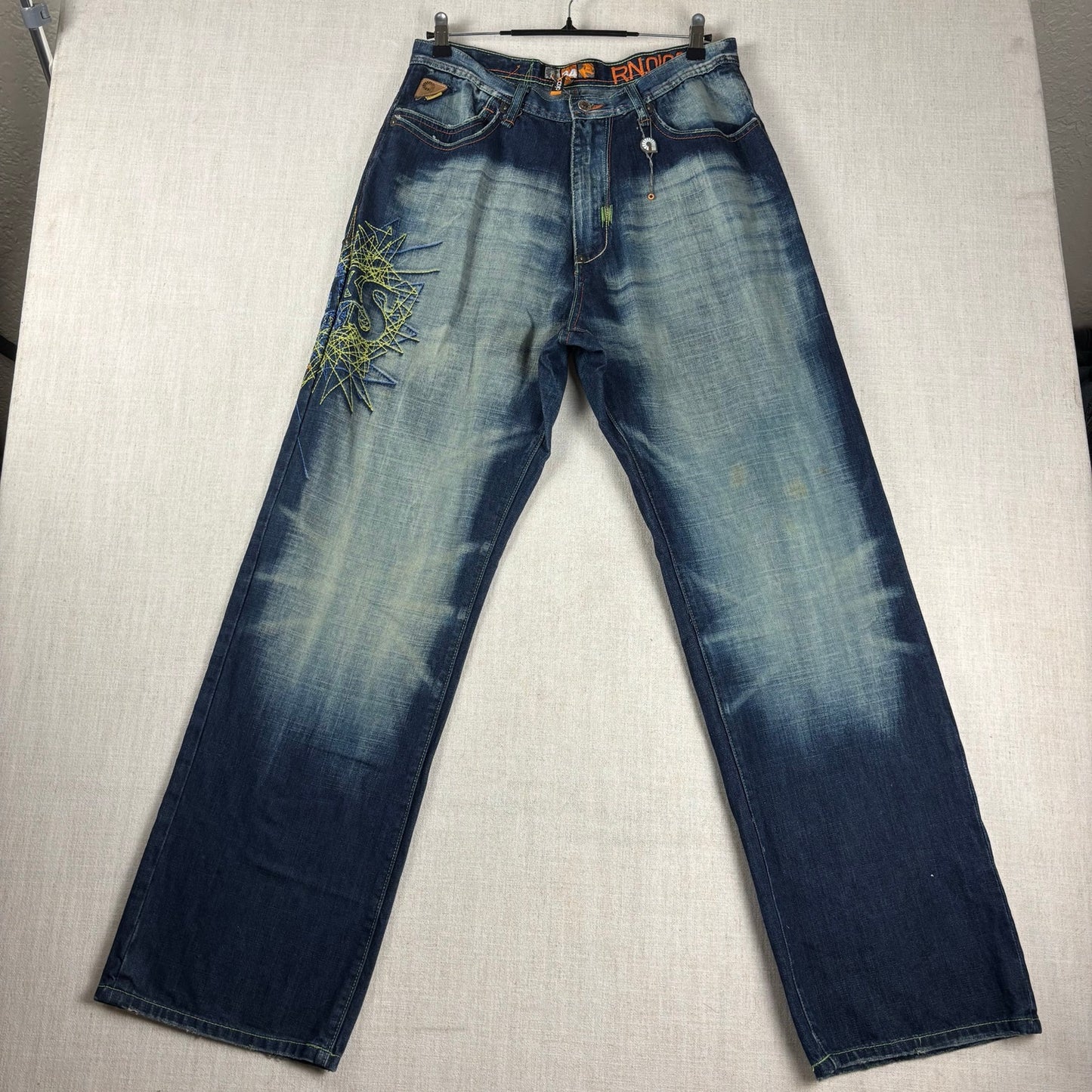 Y2K Akademiks Crazy Embroidered Patchwork Sz 34 Two Tone Baggy Jeans