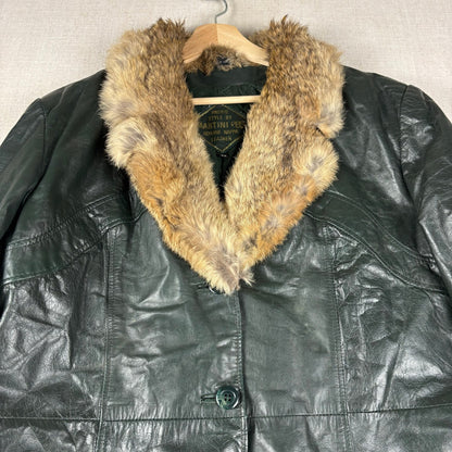 Vintage Martini Nappa Leather Fur Trim Dark Green Coat Sz 22