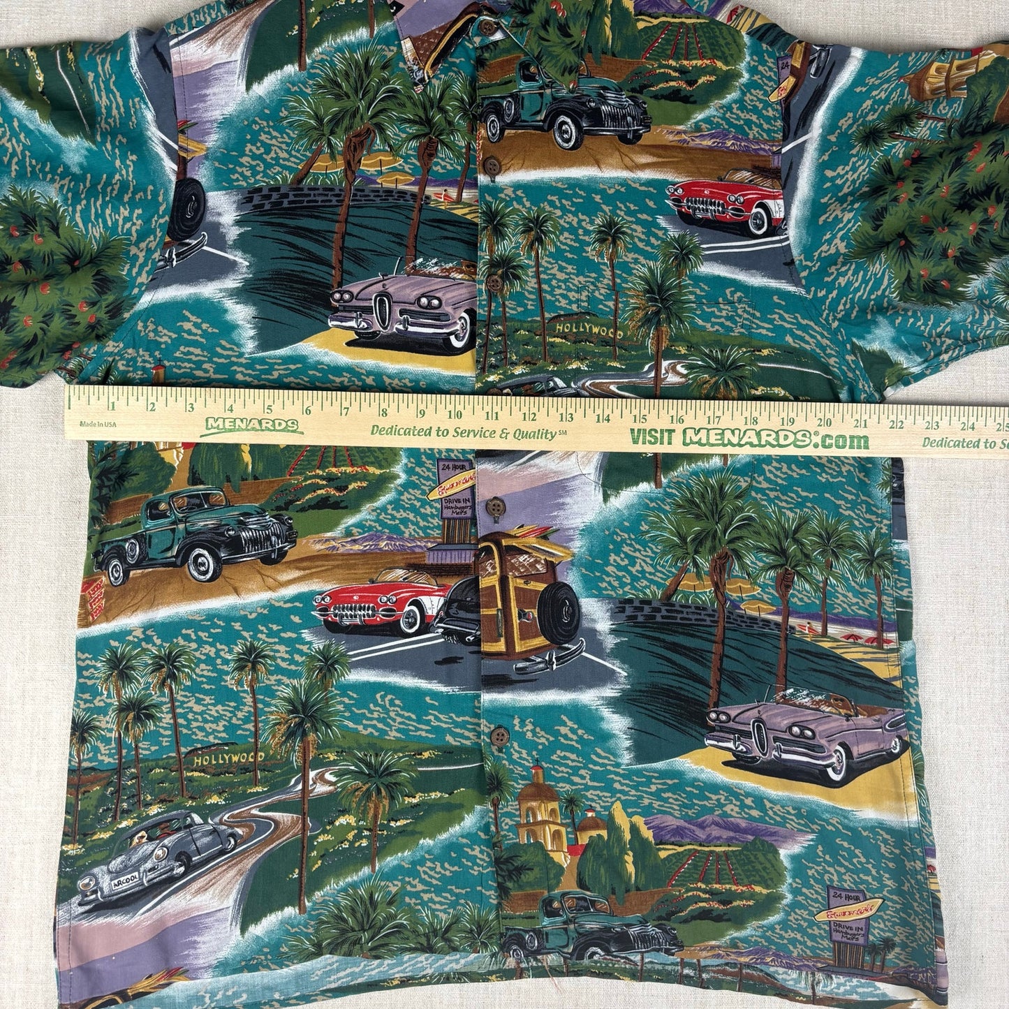 Vintage Reyn Spooner Rayon Antique Car Design Hawaiian Small Shirt