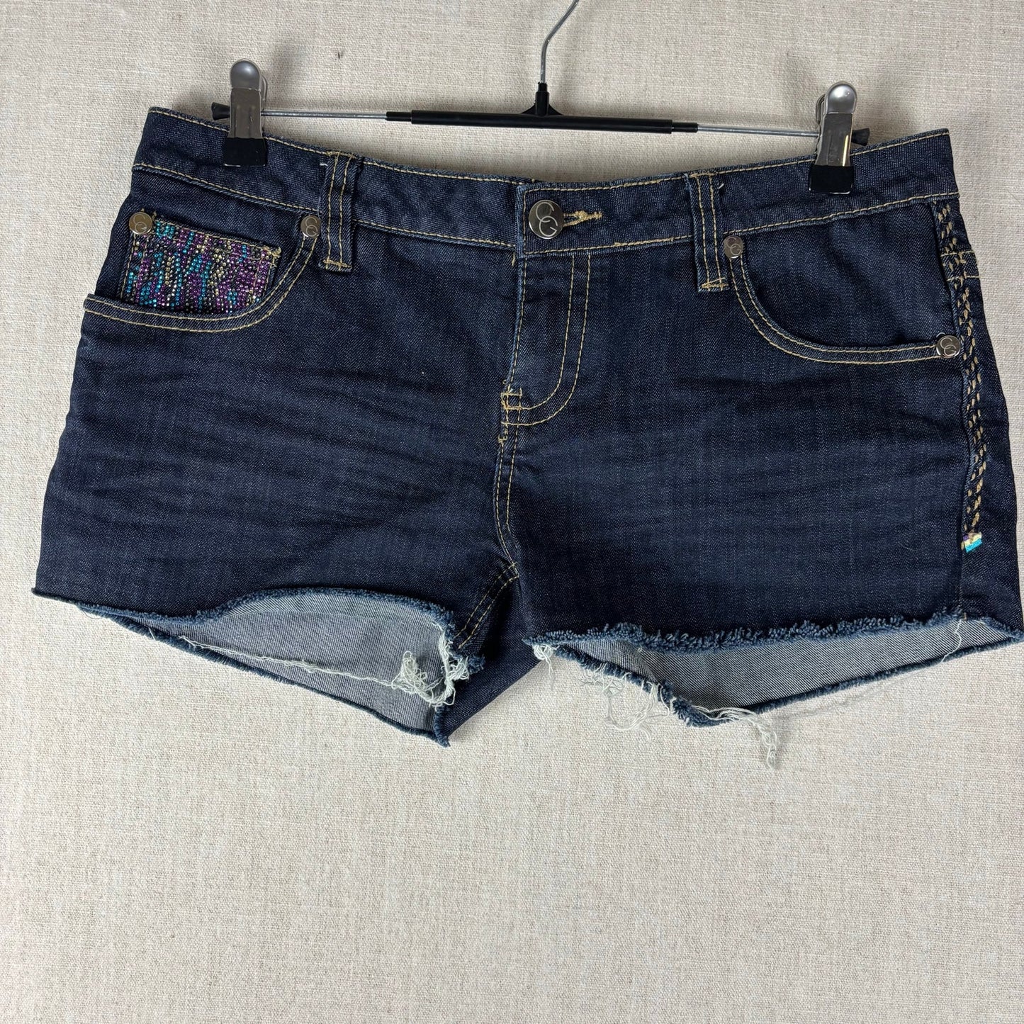 Coogi Rhinestone Y2K Studded Mini Jean Shorts Sz 11/12 Dark Wash