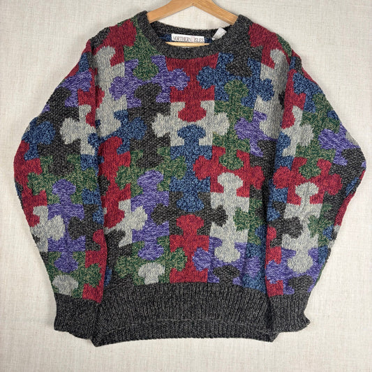 Vintage Northern Isles Hand Knit Abstract Puzzle Art Multicolor Medium Sweater