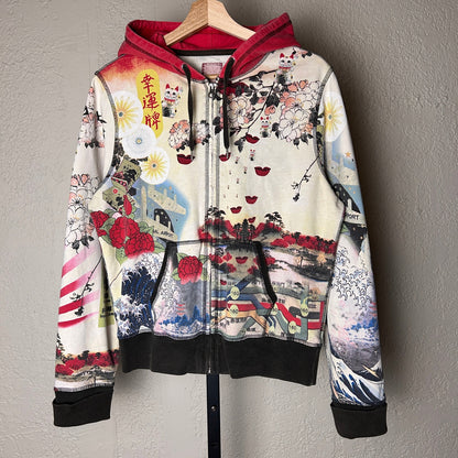 Vintage Japanese Art Lucky Brand Rare AOP Large Zip Up Y2K Hoodie