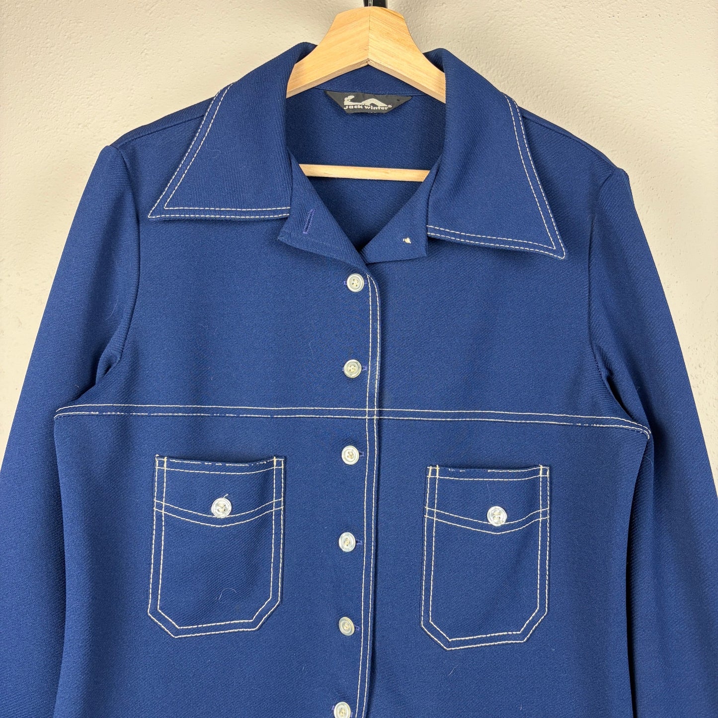 Vintage Disco 1970s Jack Winter Contrast Stitching Sz 18 Double Knit Button Up