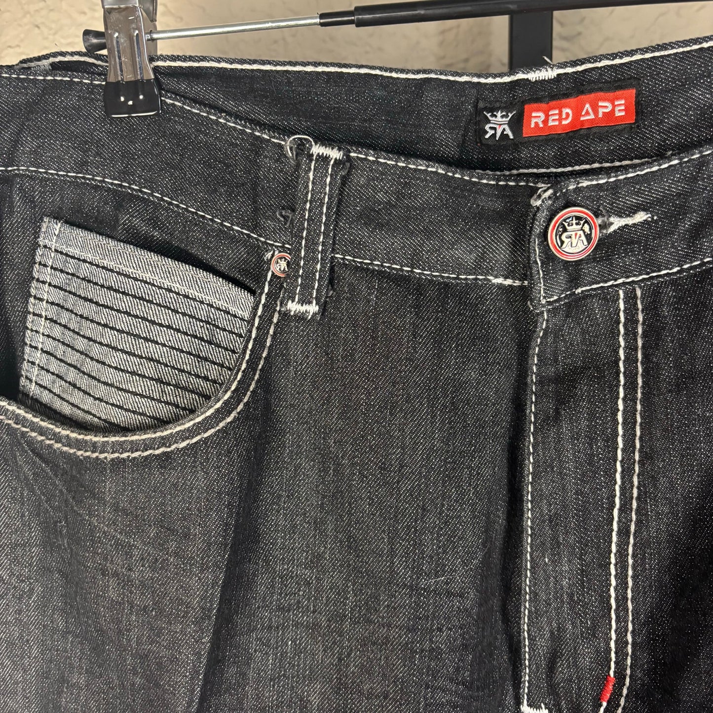 Y2K Red Ape Dark Wash Baggy Skater Sz 38 Embroidered Jeans Denim