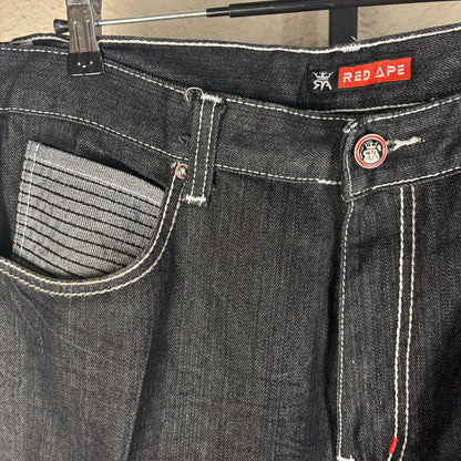 Y2K Red Ape Dark Wash Baggy Skater Sz 38 Embroidered Jeans Denim