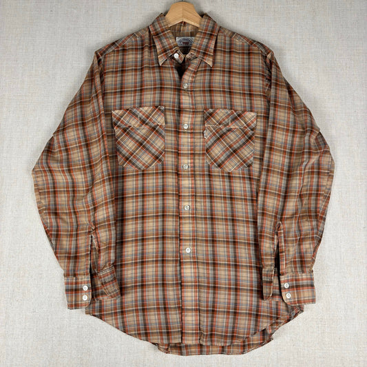 Vintage Levis 1970s Western White Tab Plaid Button Down Medium Shirt