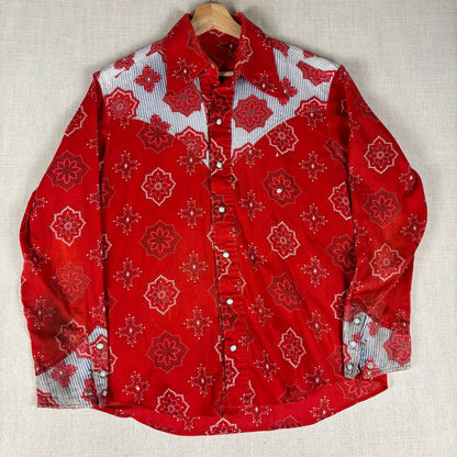 Vintage 1970s Paisley Bandana Striped Yoke and Cuffs Western Pearl Snap Medium