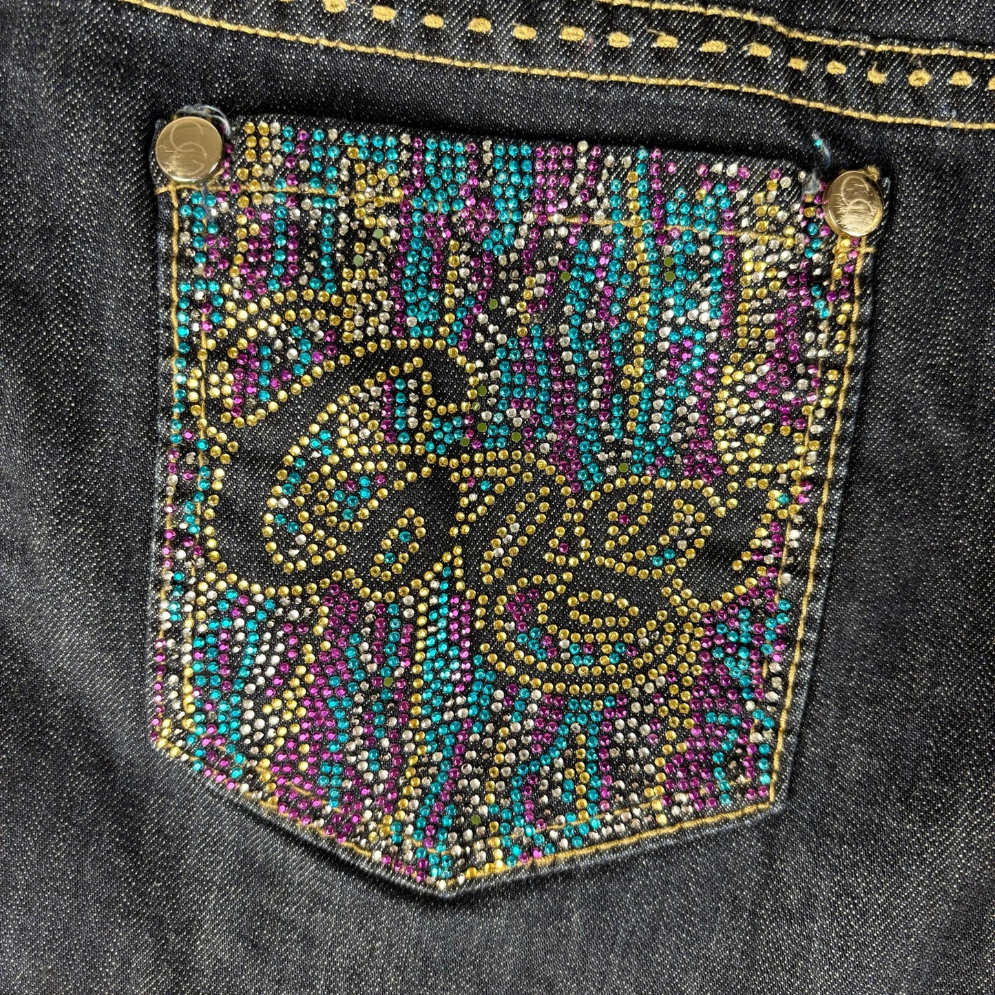 Coogi Rhinestone Y2K Studded Mini Jean Shorts Sz 11/12 Dark Wash