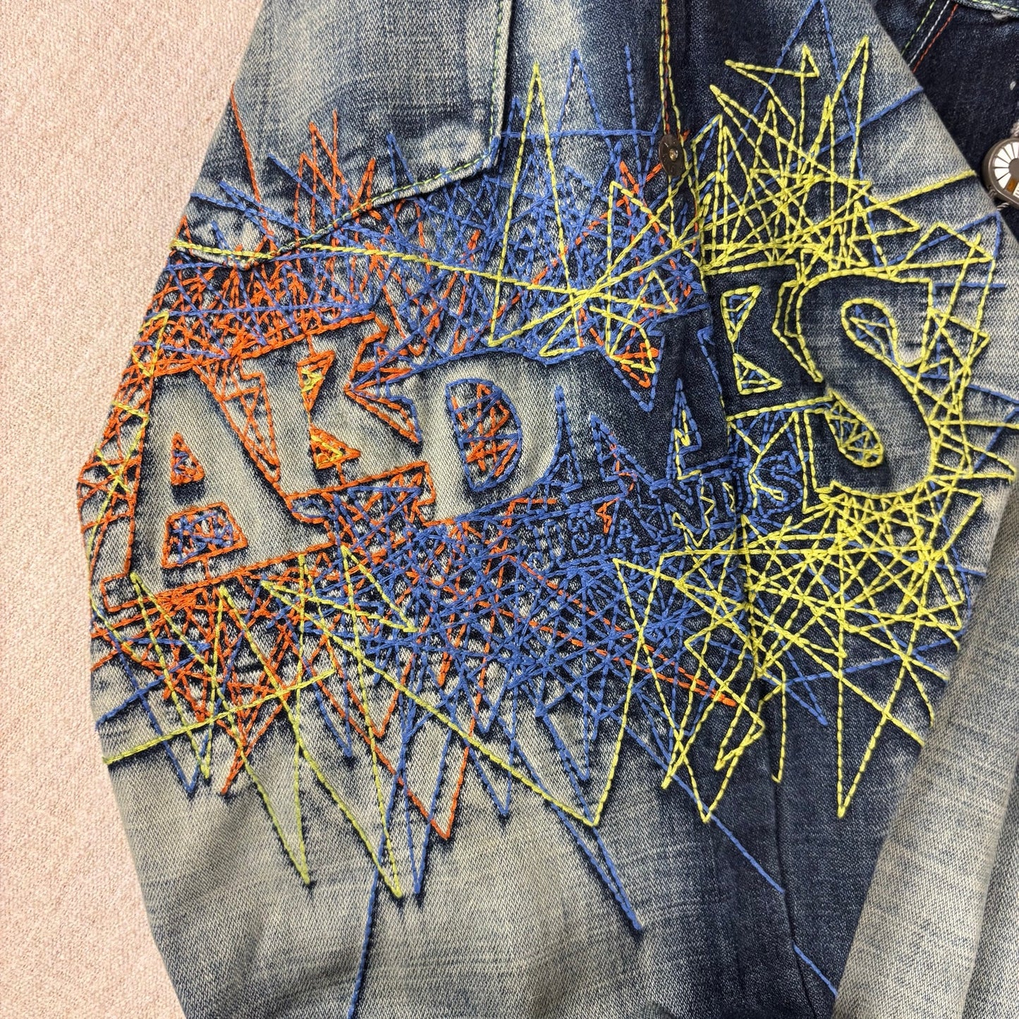 Y2K Akademiks Crazy Embroidered Patchwork Sz 34 Two Tone Baggy Jeans