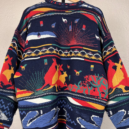 Meeroo Coogi Style Vintage 3D Cable Knit Crazy Large Kangaroo Sweater