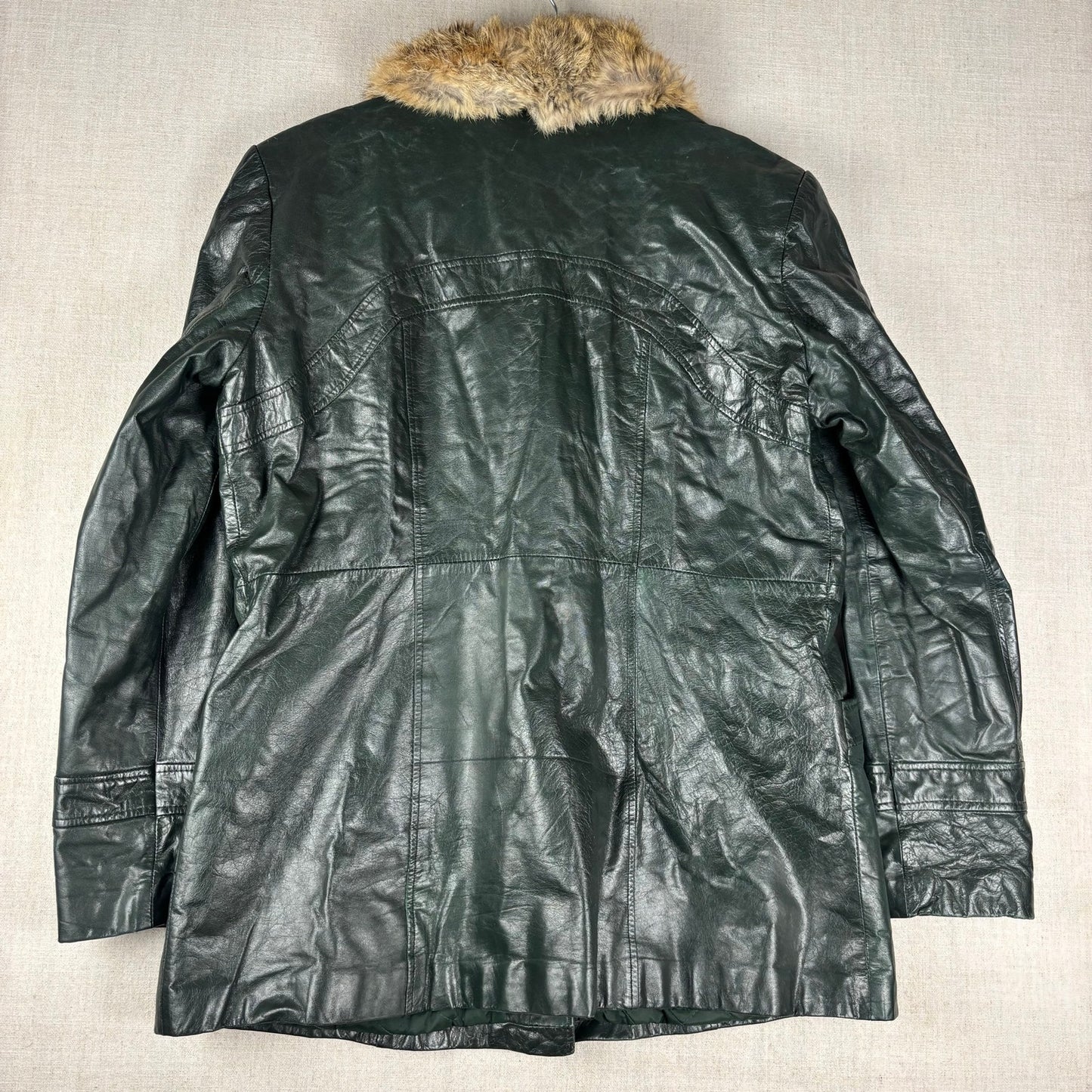 Vintage Martini Nappa Leather Fur Trim Dark Green Coat Sz 22