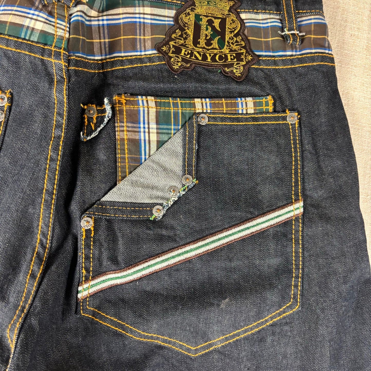 ENYCE Y2K Flannel Plaid Jeans NWT Dark Wash Sz 34 Skater Denim