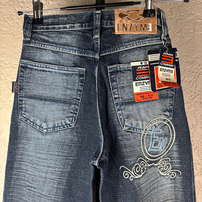 NWT Enzyme Jeans Co Y2K Sz 12 Embroidered Wide Leg Skater Jeans