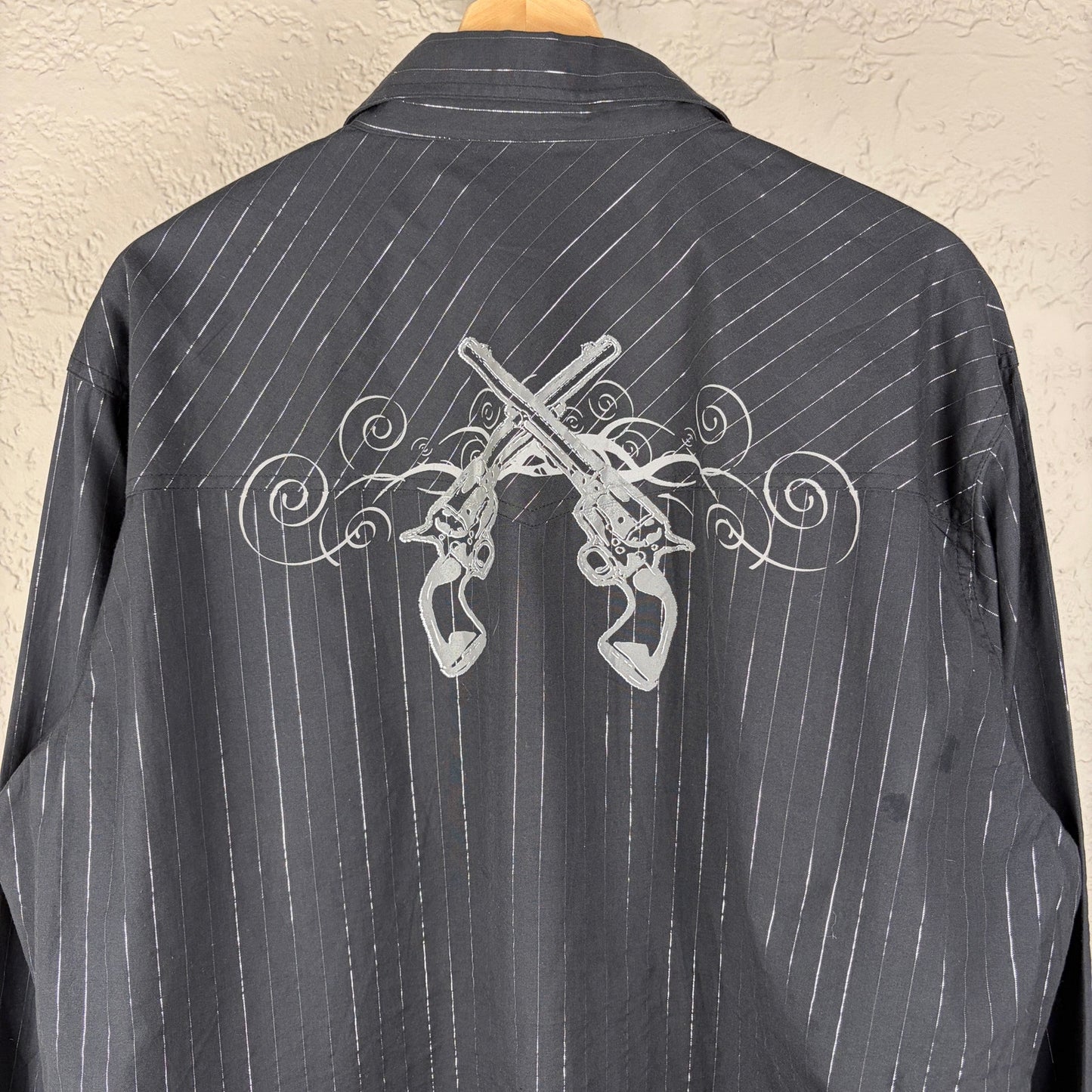 Western Gothic Metallic Revolvers Ely 1878 Silver Pinstripe XL Pearl Snap