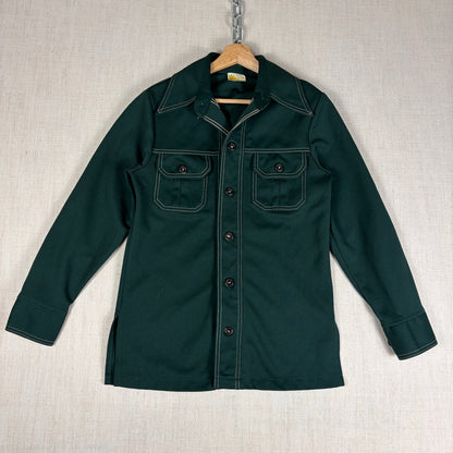 Vintage Sears Kings Road 1970s Disco Forest Green Small Button Up Shirt