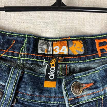 Y2K Akademiks Crazy Embroidered Patchwork Sz 34 Two Tone Baggy Jeans