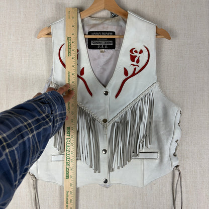 Pro Rider Premium Leather RARE Chaps + Vest Fringe Suede Rose Sz M/L White Set