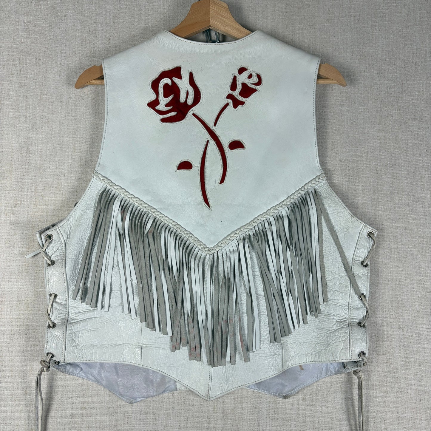 Pro Rider Premium Leather RARE Chaps + Vest Fringe Suede Rose Sz M/L White Set