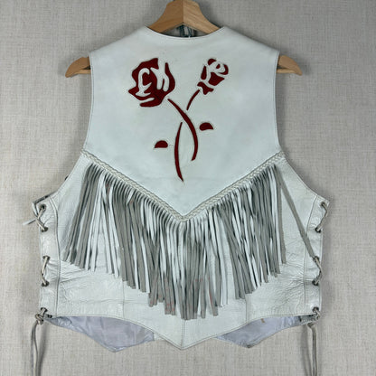 Pro Rider Premium Leather RARE Chaps + Vest Fringe Suede Rose Sz M/L White Set