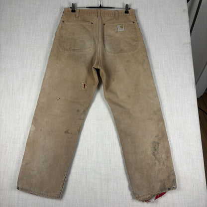 Vintage Carhartt Pants 1970s Distressed Tan Duck Canvas Quilted Lined Sz 32