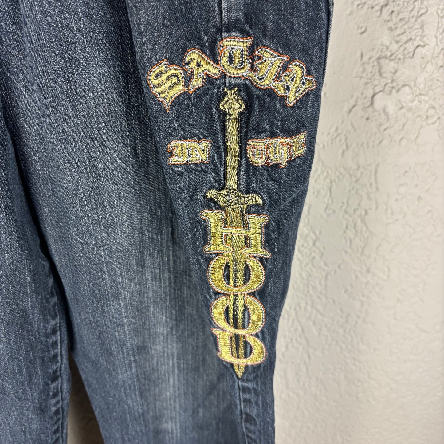 Ed Hardy Style Satin in the Hood Y2K Brand Baggy Embroidered Sz 40 Jeans