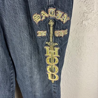 Ed Hardy Style Satin in the Hood Y2K Brand Baggy Embroidered Sz 40 Jeans