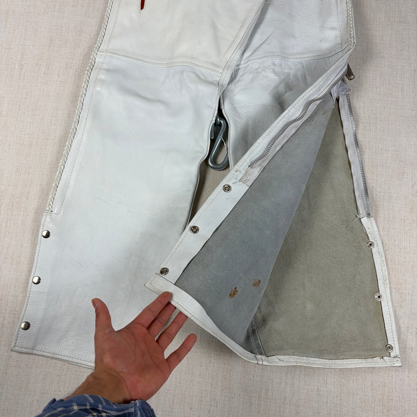 Pro Rider Premium Leather RARE Chaps + Vest Fringe Suede Rose Sz M/L White Set