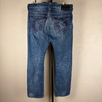 True Religion Ricky Relaxed Straight Sz 38 Dark Wash Distressed Jeans